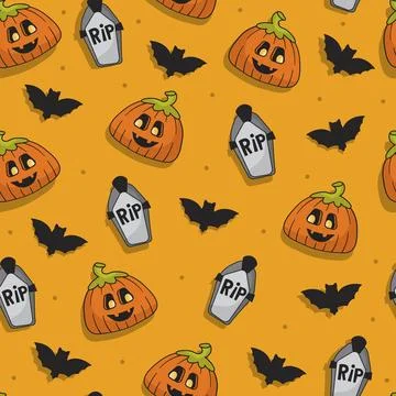 Bright funny halloween seamless pattern with pumpkin character, tomstones a.. Stock Illustration