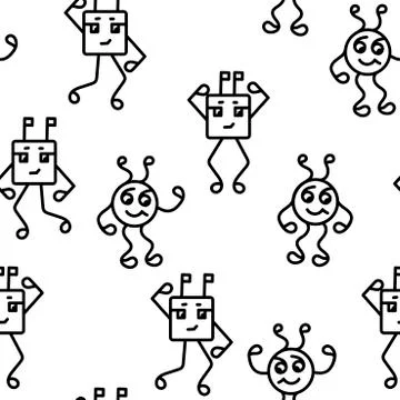 Bright Funny robot men. Seamless pattern on white background. Stock Illustration