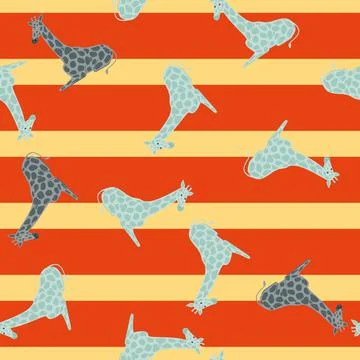 Bright funny seamless pattern with blue random giraffe ornament. Orange strip Illustrazione stock
