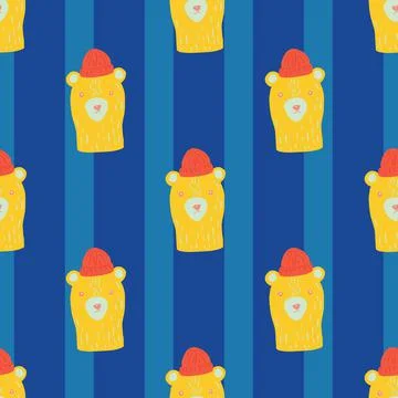 Bright funny seamless pattern with yellow bear heads elements. Striped navy b Stock Illustration