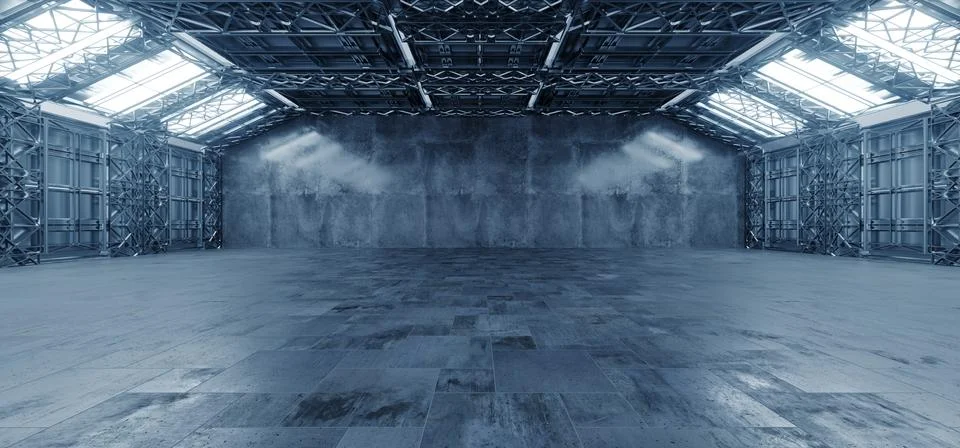 Bright Futuristic Sci Fi Massive Warehouse Hangar Concrete Metal Structure .. Illustrazione stock