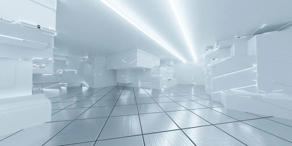 Bright futuristic studio laboratory empty hall 3d render illustration Ilustración de archivo