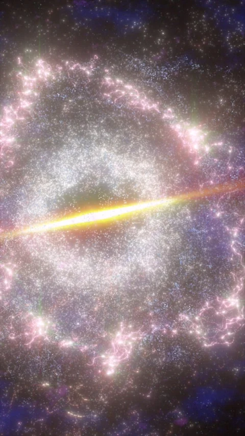 Bright galactic burst with swirling particles, glowing ring structures, and.. Stock Footage 323401276