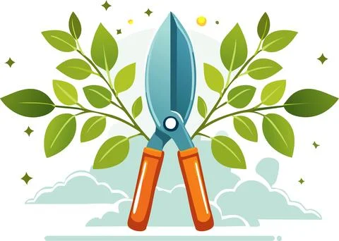 Bright garden pruning scissors with soft highlights trimming lush green lea.. Stock Illustration
