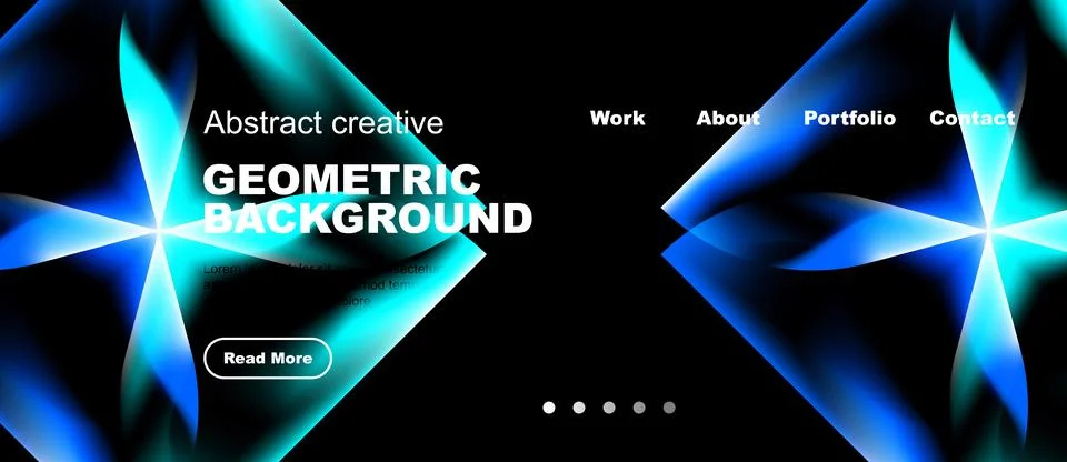 Bright geometric background features blue neon shapes, text elements, navig.. Stock-Illustration