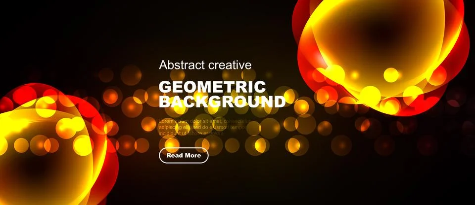 Bright geometric background features glowing orbs, vibrant colors, text ove.. 스톡 일러스트