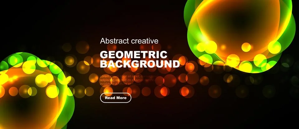 Bright geometric background features glowing circles, orange, green hues. Tex 스톡 일러스트