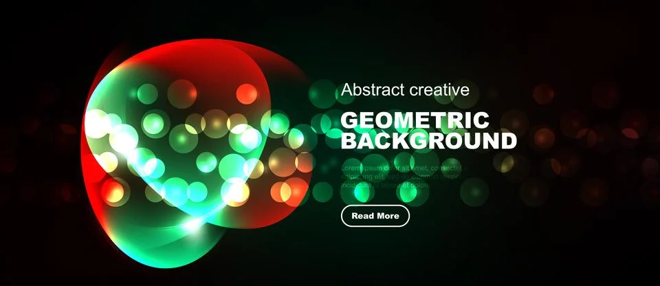 Bright geometric background features vibrant circles, red, green hues. Modern Stock Illustration