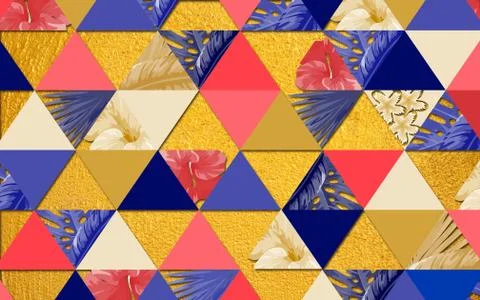 Bright geometric background from multi-colored triangles and fabulous flowers Stock Illustration