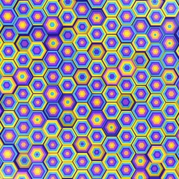 A bright geometric background of yellow, blue, and purple hexagons Stock Illustration