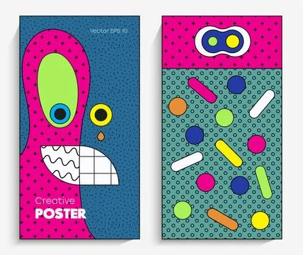 Bright geometric brochures. Bright design elements. Comic face with a smile.. Stock Illustration