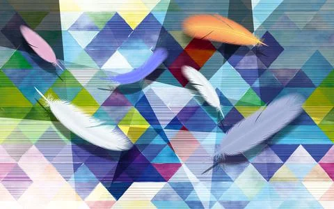 Bright geometric crumpled background, large multi-colored feathers Stock Illustration