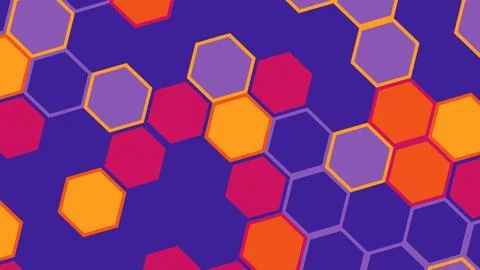 Bright geometric hexagon pattern in purple, orange, red and lavender tones fi 库存插图