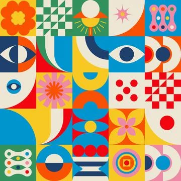 Bright Geometric Mosaic Pattern with Sun and Flower Vector 스톡 일러스트