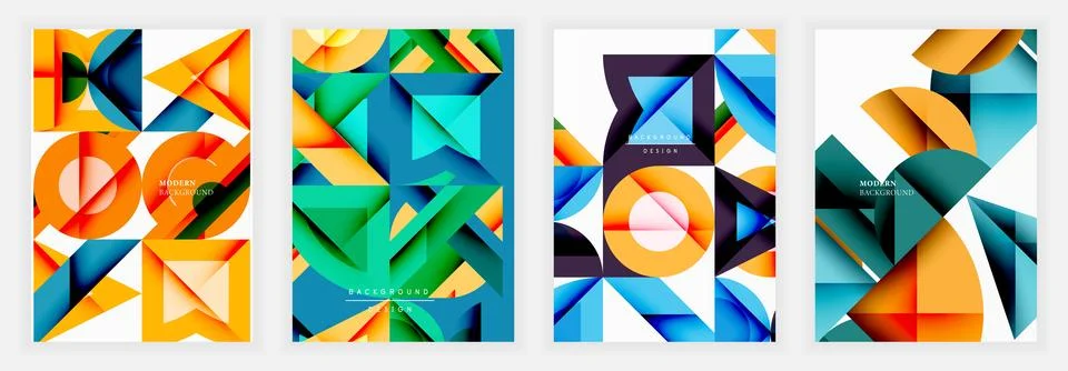 Bright geometric posters featuring sharp layered shapes, vibrant gradients in Stock Illustration