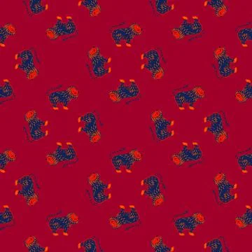 Bright geometric seamless animal pattern with navy blue colored lion ornament Stock Illustration