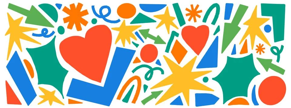 Bright geometric shape silhouettes in flat red blue green and yellow on white Stock Illustration