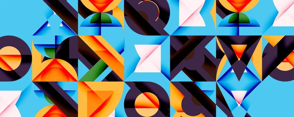 Bright geometric shapes create abstract pattern. Orange, blue, green, purple Stock Illustration