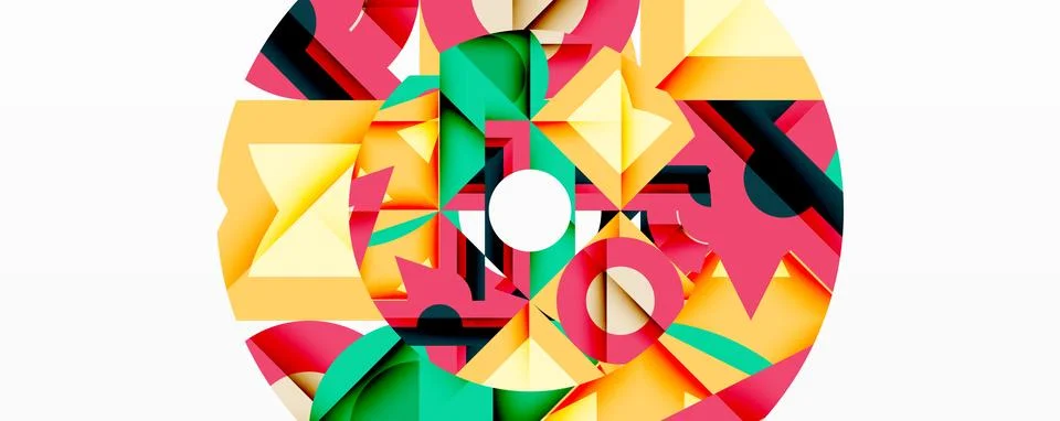 Bright geometric shapes create circular pattern. Yellow, red, green, black, Illustrazione stock