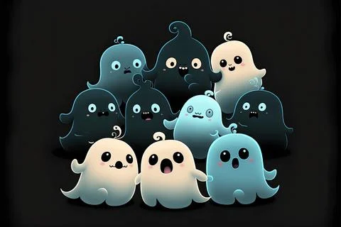 Bright ghosts, cute, black background, Made by AI,Artificial intelligence Stock Illustration