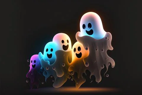 Bright ghosts, cute, black background, Made by AI,Artificial intelligence Stock Illustration