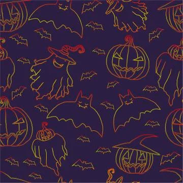 Bright ghosts hat pumpkins bats on a dark purple background Stock Illustration