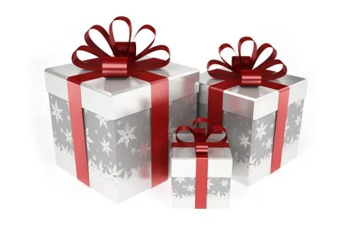 Bright gift boxes with red ribbon isolated on white background Stock Illustration