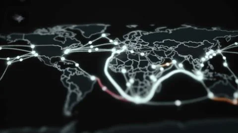 Bright global map with linked route nodes visualizing international undersea Stock Photos