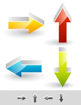 Bright, glossy arrow set in different directions. White space are transparent Stock Illustration