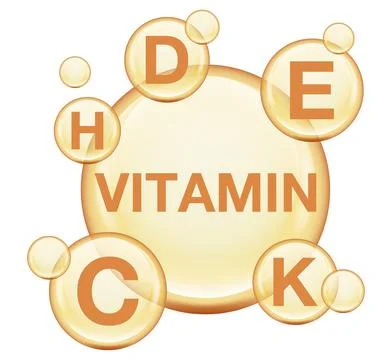 Bright glossy illustration representing essential vitamins including A, B, .. Stock-Illustration