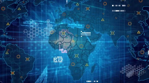 Bright glow pulsing on circuit board, revealing Africa, sliding data icons Stock Footage 313554189