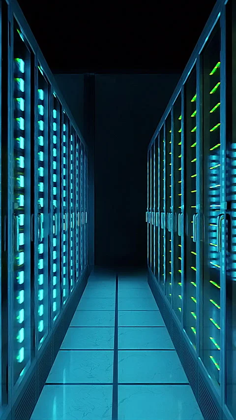 Bright Glow of Server Lights at Data Center Processing Digital Information Stock Footage 328833206