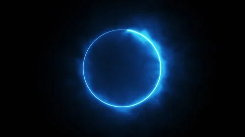 Bright glowing blue neon circle surrounded by epic smoke and fog energy motion. Stock Footage 307948371