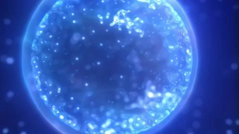 Bright glowing blue sphere surrounded by tiny floating particles Stock Illustration