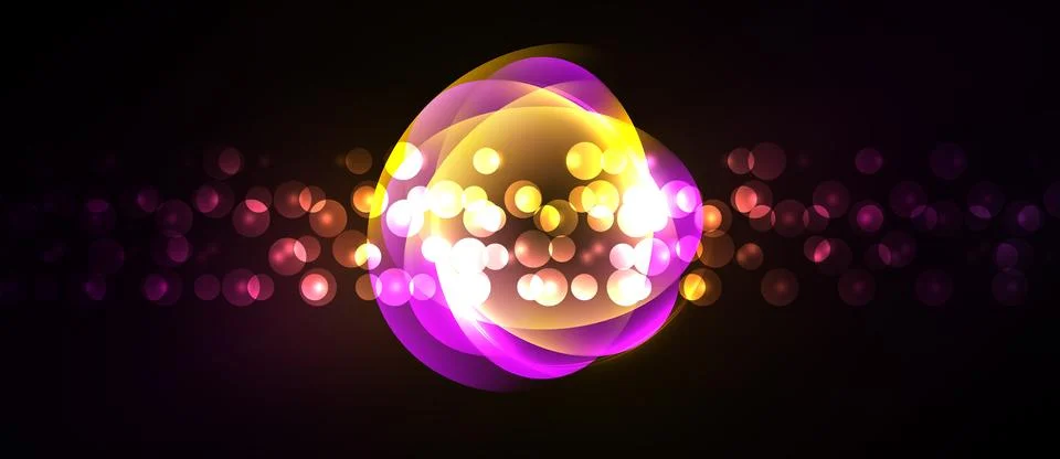 Bright glowing circles overlap, creating vibrant light effect against dark Stock Illustration