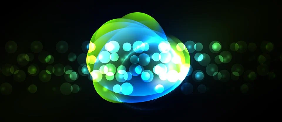 Bright glowing circles overlap, creating vibrant light effects against dark Stock Illustration