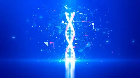 A bright, glowing DNA helix set against a deep blue digital background, sur.. Stock Illustration