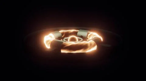 Bright glowing fire circular shapes inside black metal ring. Design. Rotating Stock Illustration