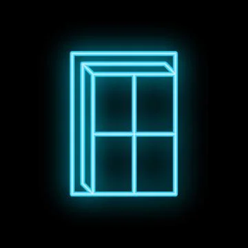 Bright glowing neon blue window frame sign on black background Stock Illustration