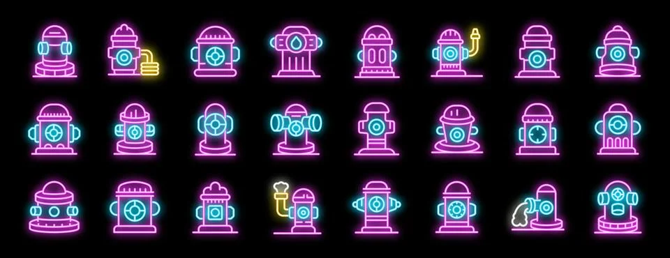Bright, glowing neon fire hydrant icons represent emergency water sources for Stock Illustration