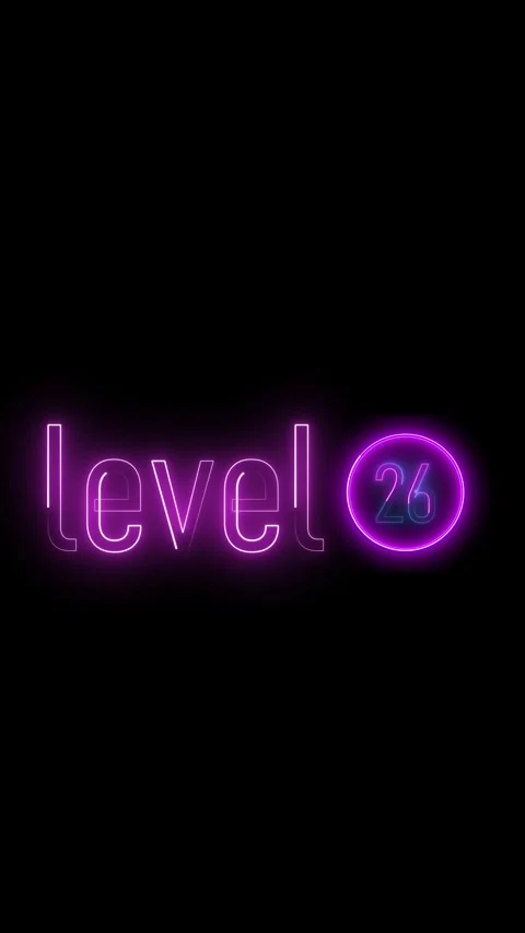 Bright glowing neon text representing level 26 progress vertical video. Glo.. Stock Footage 314815279