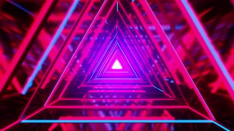 Bright glowing neon triangle corridor or tunnel. 3D render Видео 141542003