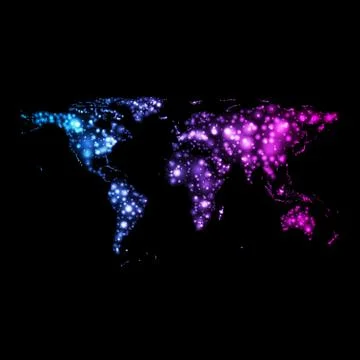 Bright glowing neon vector abstract world map on night Stock Illustration