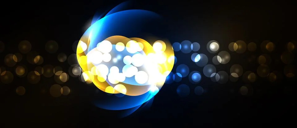 Bright glowing orb dominates dark background. Yellow, white, blue light creat Stock Illustration