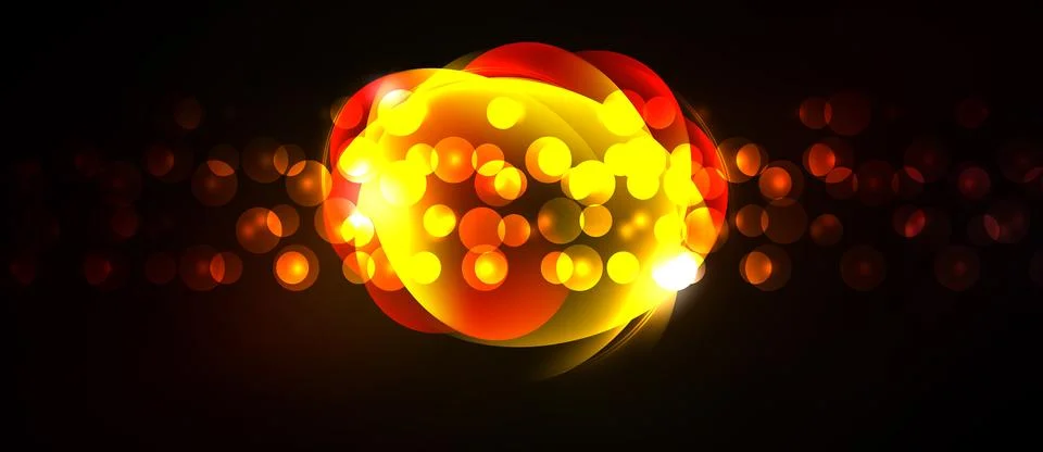 Bright glowing orb dominates dark background. Numerous small lights create .. Stock Illustration
