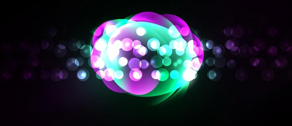 Bright glowing orb dominates dark background. Circles, layers create vibrant Stock Illustration