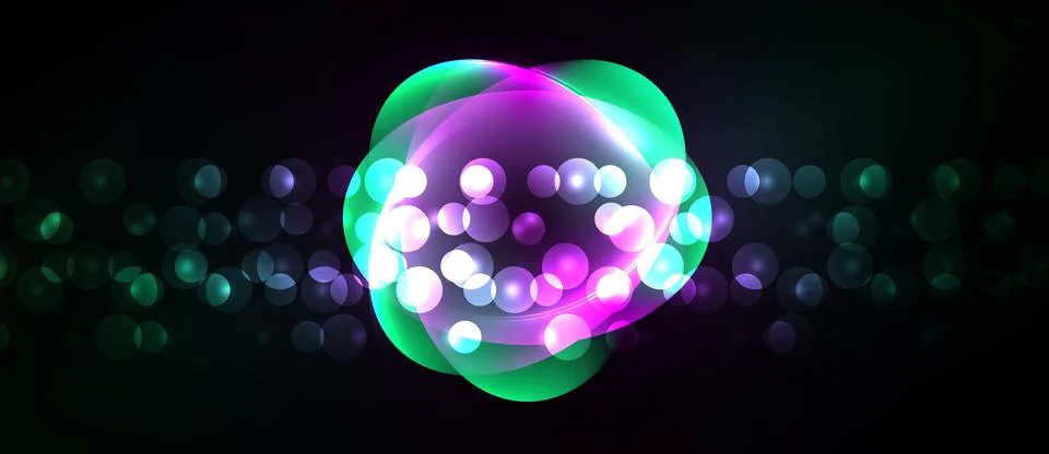 Bright glowing orb dominates dark background. Circles create abstract light Stock Illustration