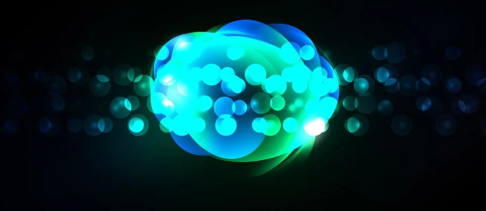 Bright glowing orb dominates dark background. Numerous small lights surround Stock Illustration