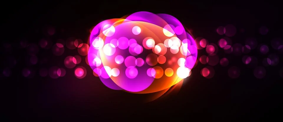 Bright, glowing orb dominates dark background. Numerous small lights surround Stock Illustration