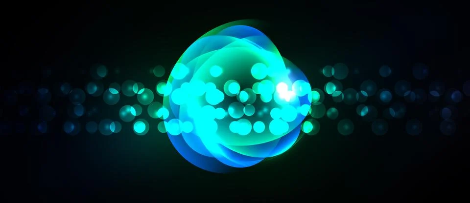 Bright glowing orb dominates dark background. Numerous small lights radiate イラスト素材